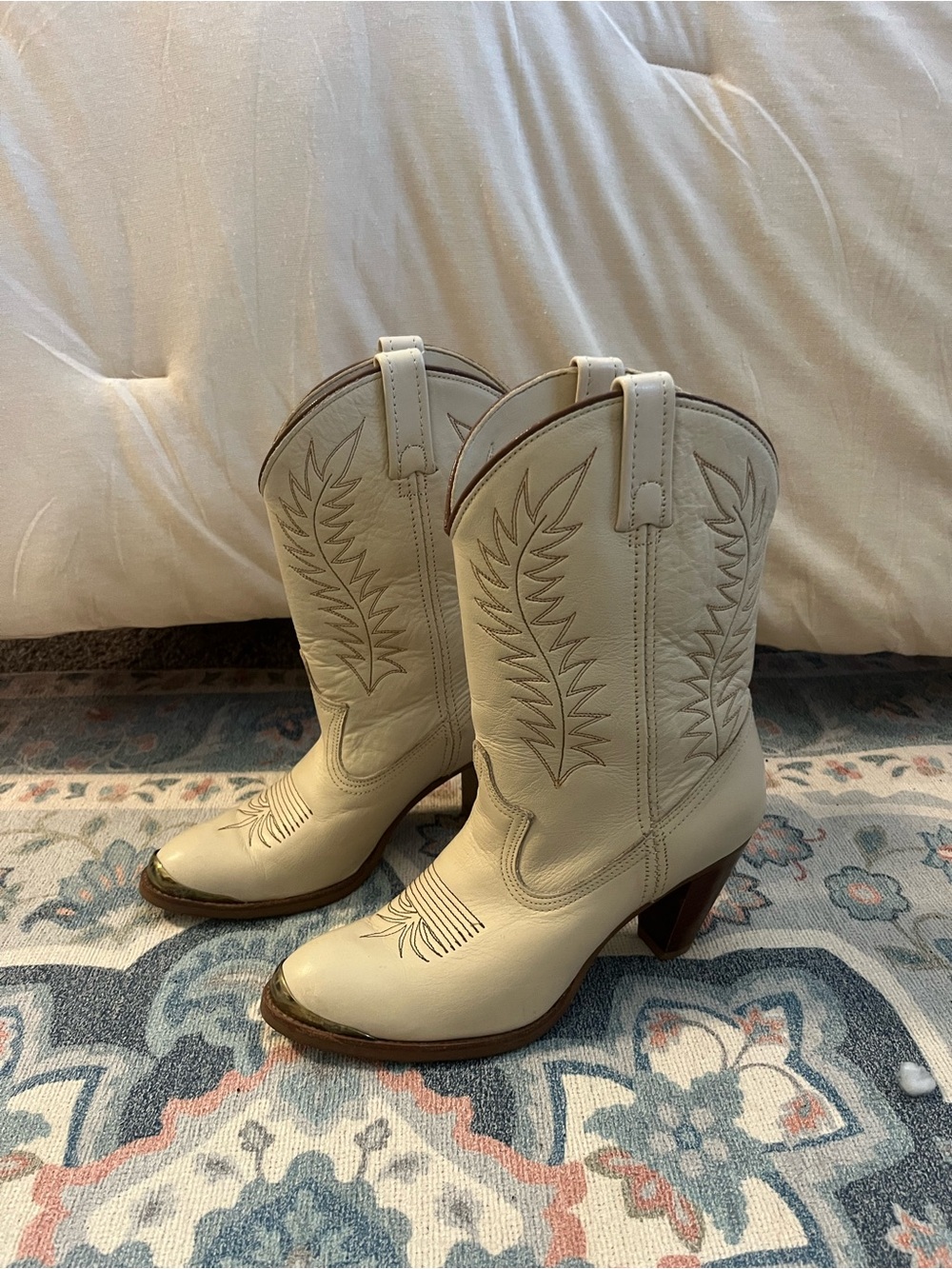 ACME Cream Western Leather Mid-Calf Heeled Boots
